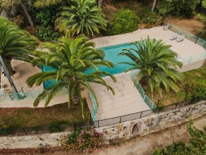 Piscina e Parco - Vista Aerea con Palme - Agriturismo Poggio al Pino Toscana